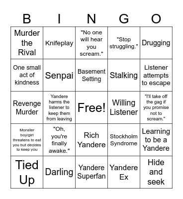 Yandere Script Bingo Card