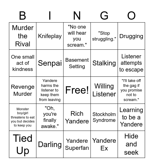 Yandere Script Bingo Card