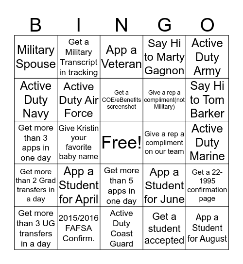 Military Bingo! Bingo Card