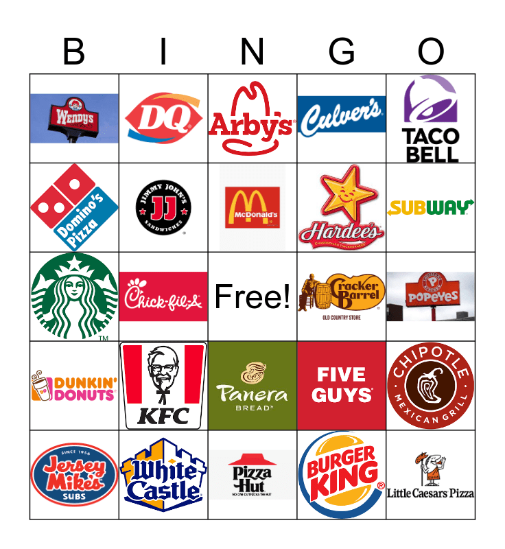 Restaurant Bingo Card