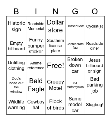 Roadtrip Bingo Card