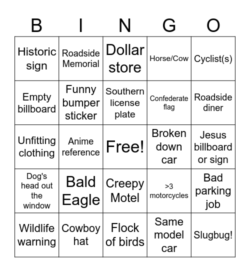 Roadtrip Bingo Card