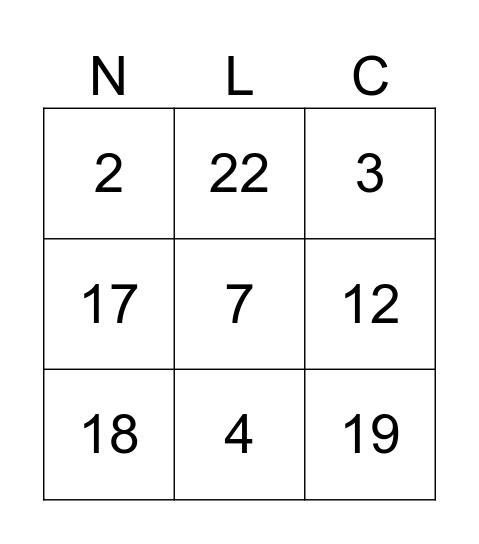 NLC MATH Bingo Card