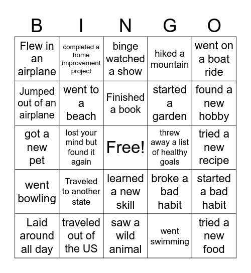 Welcome Back Bingo Card