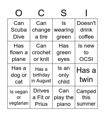 Welcome Back to OCSI Bingo Card