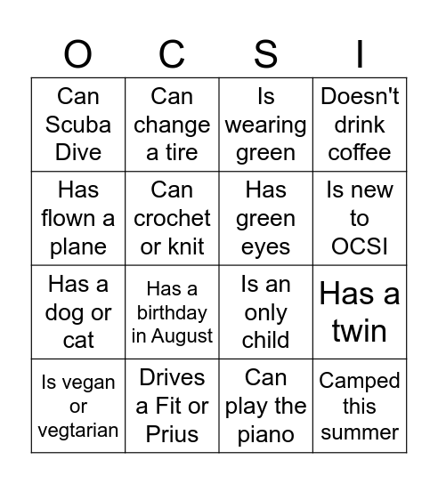 Welcome Back to OCSI Bingo Card
