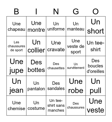 Les vetements Bingo Card