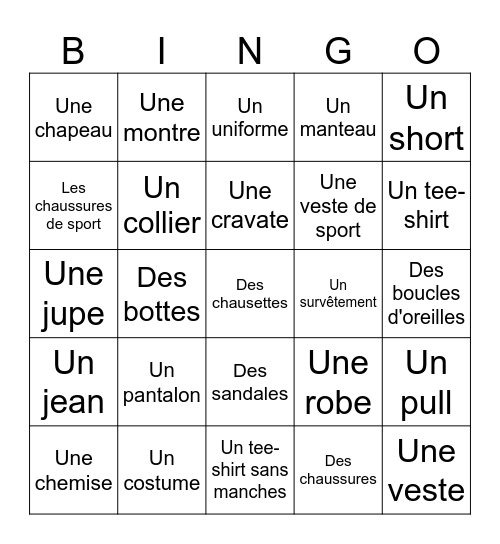 Les vetements Bingo Card