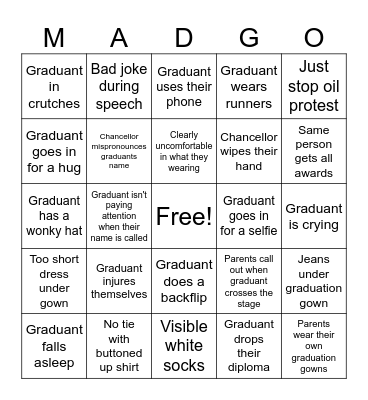 Maduation Bingo Card