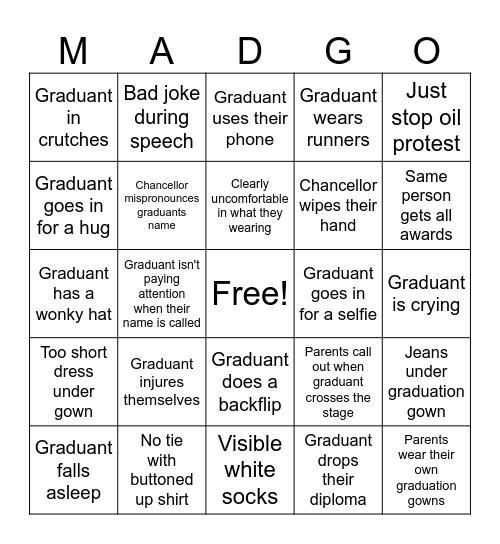 Maduation Bingo Card