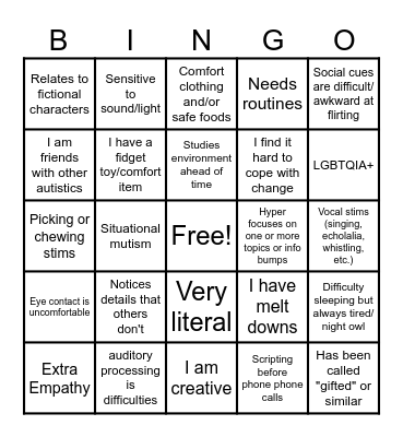 Bingo Your're Autistic Bingo Card