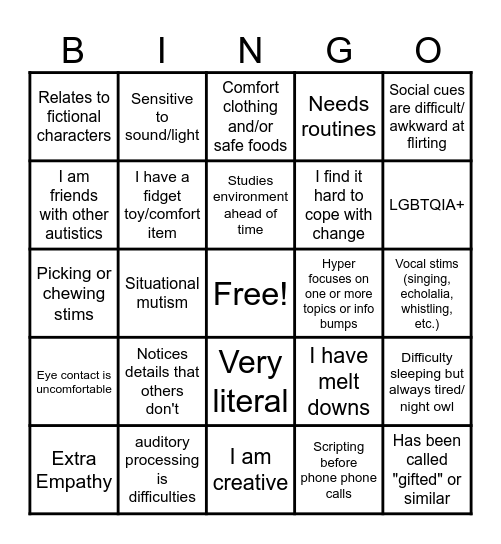 Bingo Your're Autistic Bingo Card