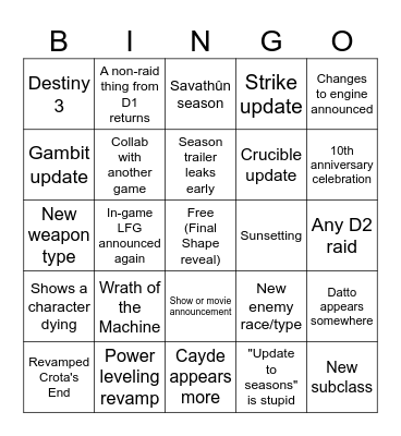 2023 Destiny 2 Showcase Bingo Card
