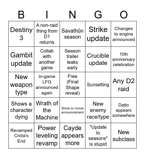 2023 Destiny 2 Showcase Bingo Card