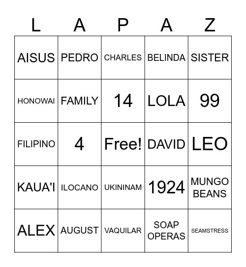LOLA TURNS 99 Bingo Card
