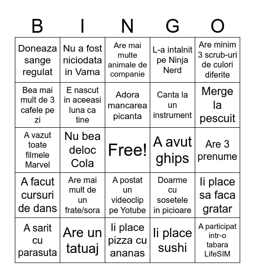 Human Bingo LifeSIM Bingo Card