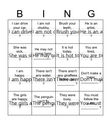 Tag Questions Bingo Card