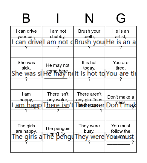 Tag Questions Bingo Card