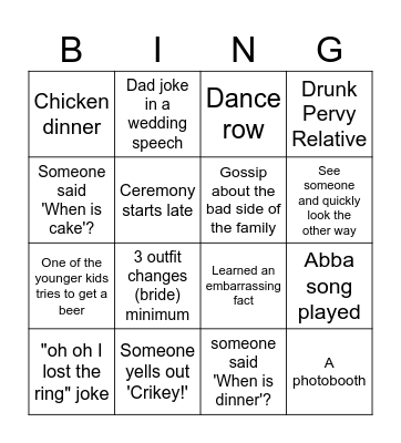 Tash's auntie's wedding bingo Card
