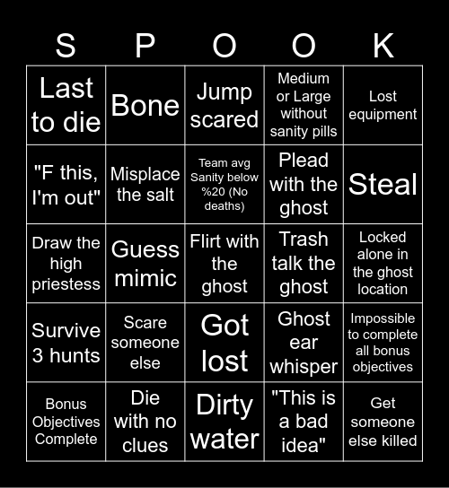 Phasmophobia Bingo Card