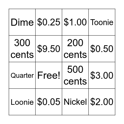 Money Bingo Card