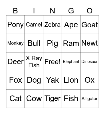 Alphabet animal Bingo Card