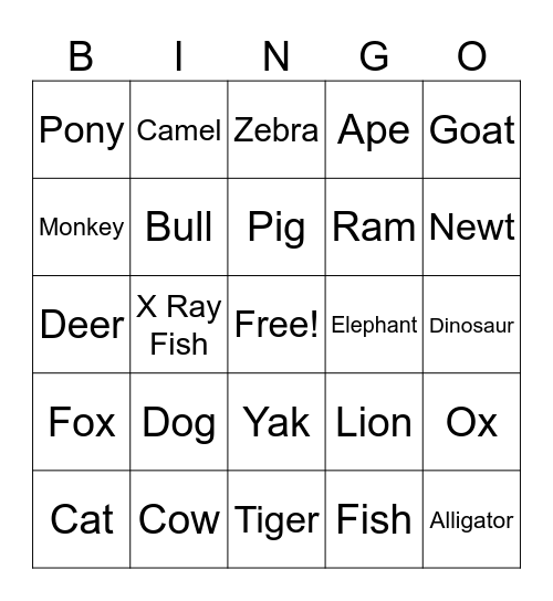 Alphabet animal Bingo Card