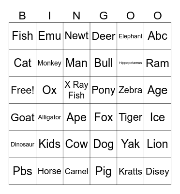 Alphabet animal Bingo Card