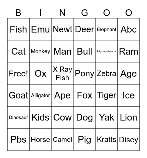 Alphabet animal Bingo Card