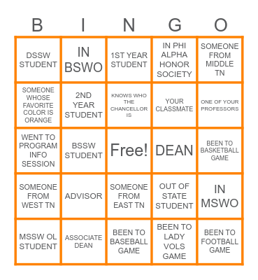 UT Social Work Bingo! Bingo Card