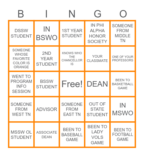 UT Social Work Bingo! Bingo Card