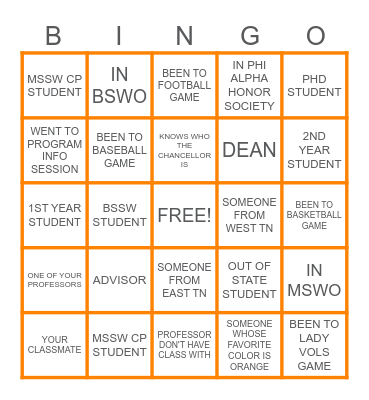 UT Social Work Bingo! Bingo Card