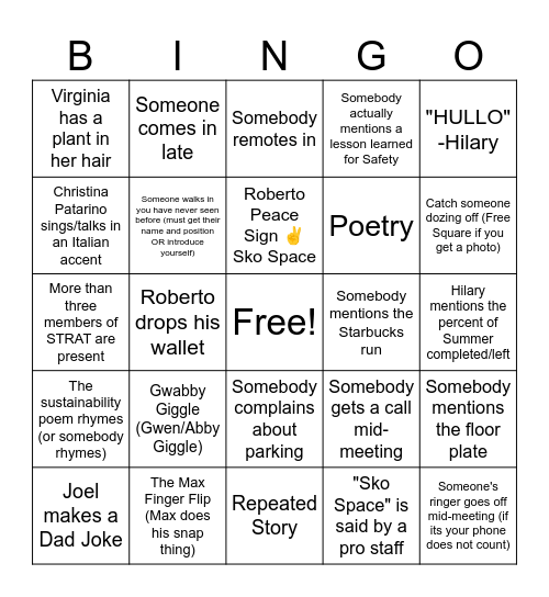 Summer All Staff Bingo Card