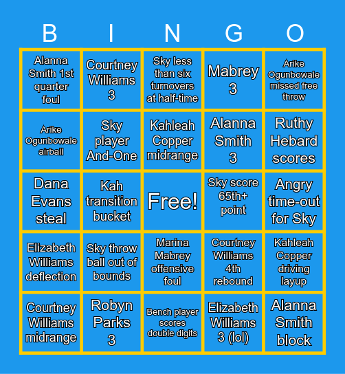 Chicago Sky Bingo with the Sky Townies Bingo Card