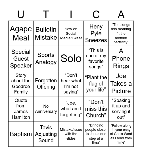 Utica Bing Bingo Card