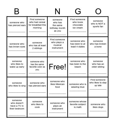 Find a Friend Bingo Card