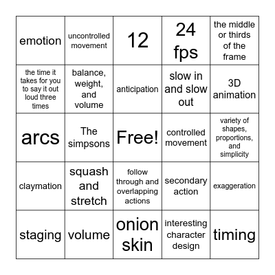 Animation Bingo Card