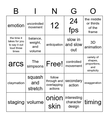 Animation Bingo Card