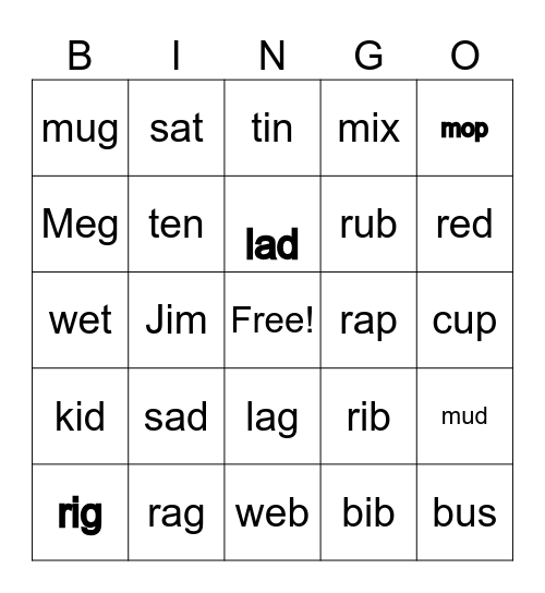 Real Words Unit 1 Bingo Card