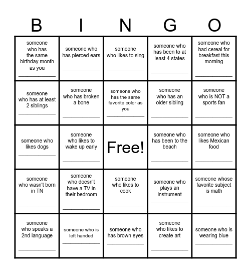 Find a Friend Bingo Card