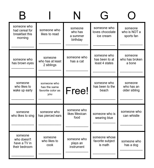 Find a Friend Bingo Card