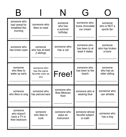 Find a Friend Bingo Card