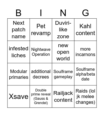 Tennocon 2023 Bingo Card
