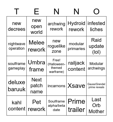 Tennocon 2023 Bingo Card