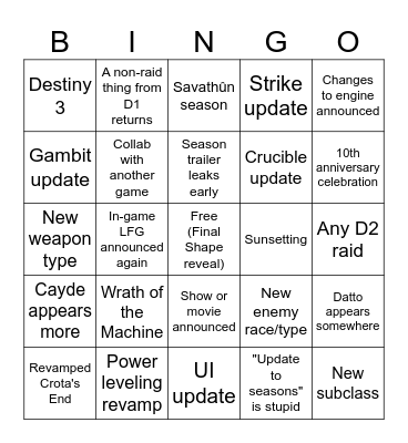 2023 Destiny 2 Showcase Bingo Card