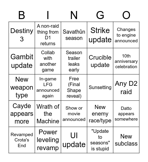 2023 Destiny 2 Showcase Bingo Card