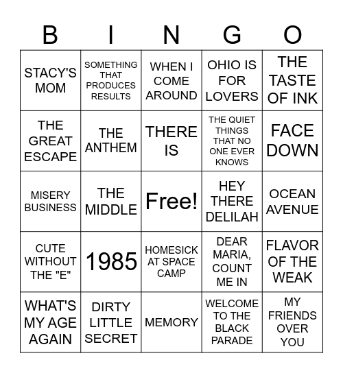 8/21- Pop Punk Anthems Bingo Card
