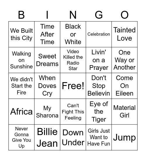 Best of the 80's Bingo Card