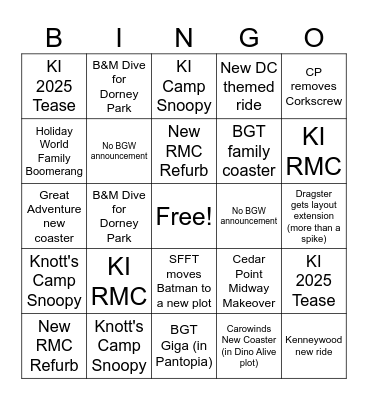 Coaster Announcement Bingo 2023 Bingo Card