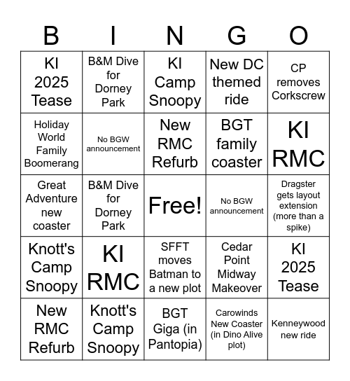 Coaster Announcement Bingo 2023 Bingo Card
